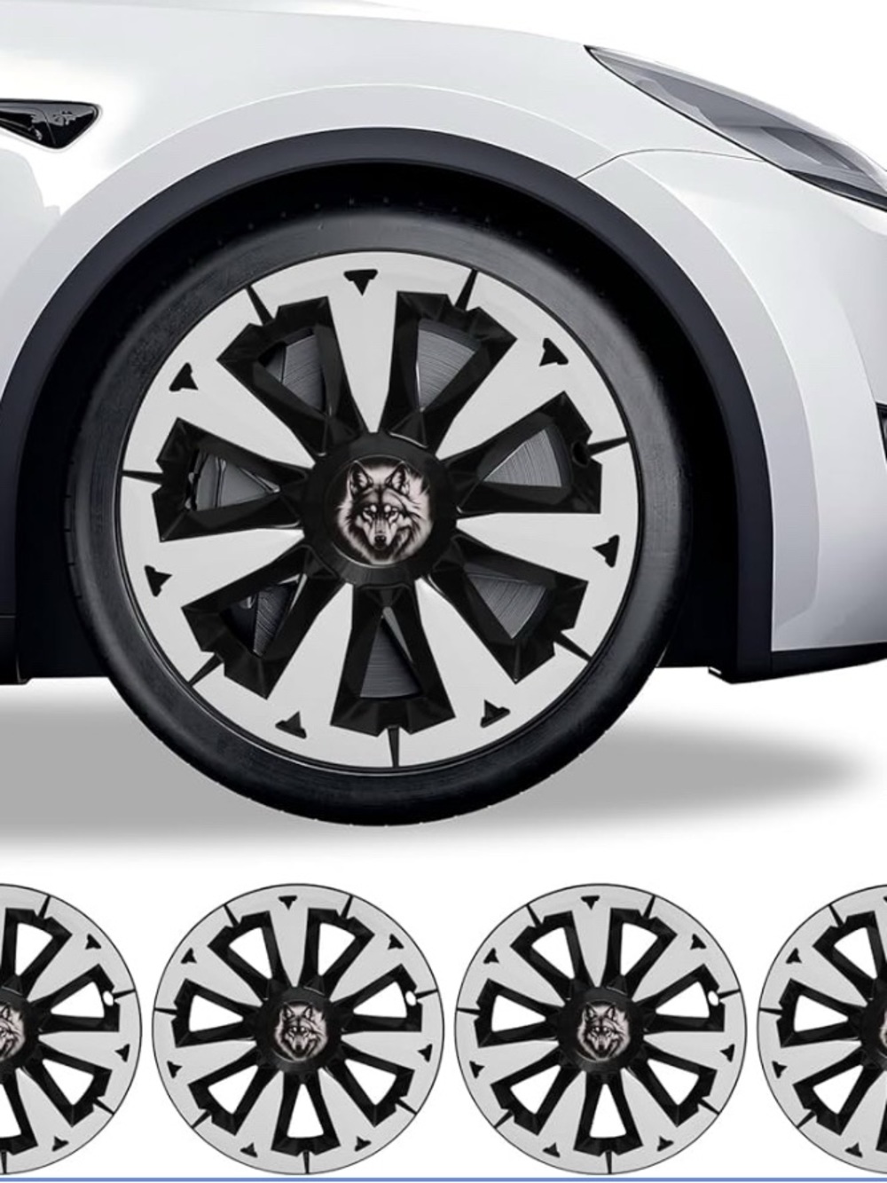 Tesla White and Black Wheel Covers with Wolf Center Emblem